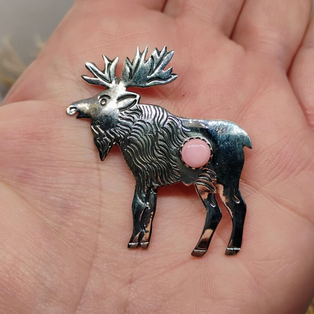 Sterling Silver Pink Conch Shell Moose Elk Pendant 2" Long - Picture 3 of 7